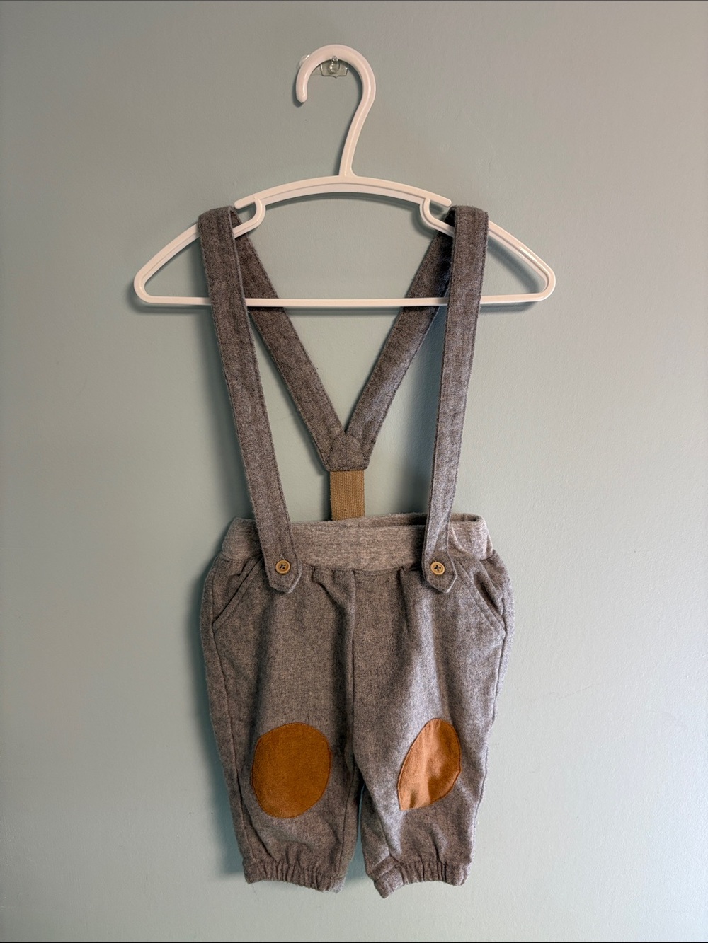 Zy Newborn Grey Suspender Pants with Oval Tan Patches on Knees, Baby Boy Pants